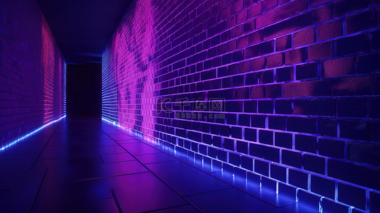 在砖墙上以 3d 呈现紫色霓虹灯的抽象背景