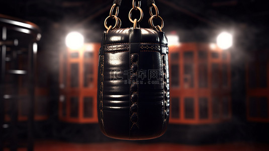 跆拳道道具背景图片_在昏暗的拳击室中特写黑色皮革沙袋的强烈 3D 渲染