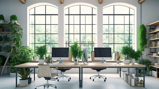 生态友好的工作区 3D 渲染办公桌，配有台式电脑植物和大窗户