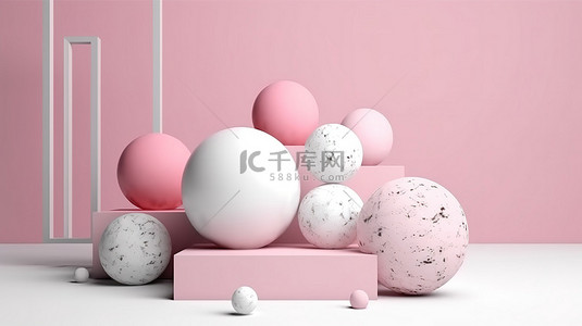 白色的球背景图片_白色背景上的产品展示 3d 渲染的水磨石讲台与粉红色和白色的球