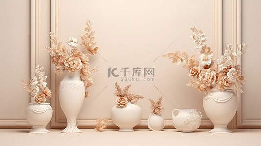 米色花瓶背景图片_米色背景上装饰花的大理石讲台的 3D 渲染，配有装饰花瓶