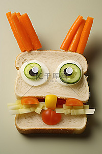 三明治形状为一张脸，上面有胡萝卜橙子萝卜和桃子