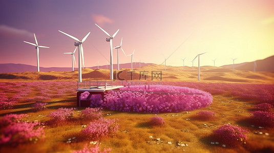 清洁能源与自然相遇 美丽的草地景观中风力涡轮机和太阳能电池的 3D 插图