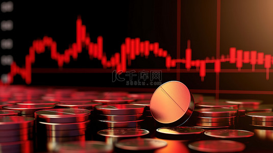 波折向下箭头背景图片_投资市场数据横幅硬币的 3D 插图，带有向下的红色箭头和具有复制空间的图表