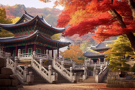 山坡秋天背景图片_寺庙通向山坡，在凉爽的秋季环境中