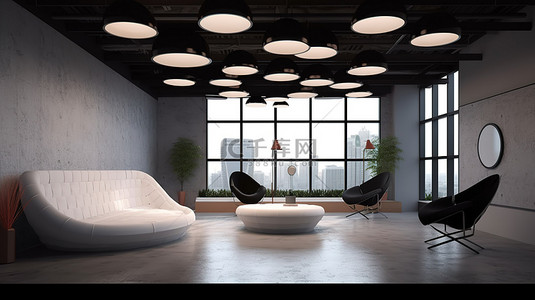 带有舒适沙发和凳子的独特创意办公室门厅的 3D 插图