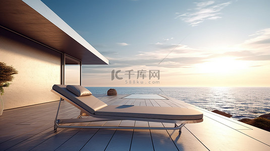 具有海景和日光浴甲板的简约房屋的 3D 渲染