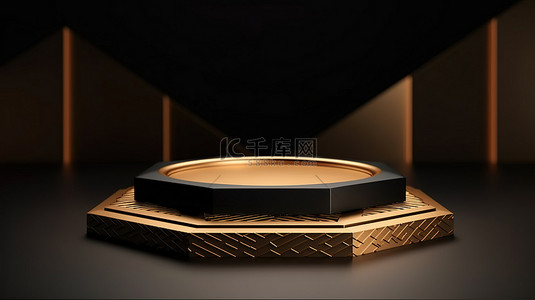 装饰粉背景图片_用于产品展示的金色装饰八角形讲台展示台的 3D 渲染