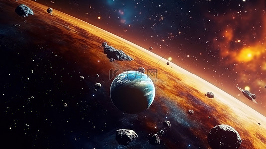 火箭星球背景图片_宇航员探索太阳系行星和恒星的 3D 插图