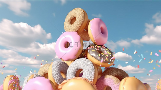 高架甜甜圈 浮动甜甜圈的 3D 渲染，具有复制空间框架，非常适合面包店广告