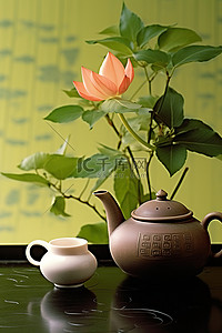 陶瓷工艺背景图片_一个茶壶和一朵莲花的植物