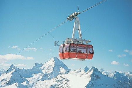 白雪覆盖的山峰上的红色滑雪缆车