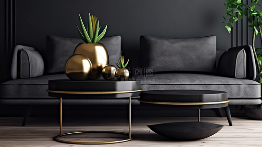低金属边桌的 3D 渲染，旨在与装饰沙发相得益彰