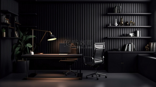 现代黑暗办公室的 3D 渲染，办公桌上有充足的复制空间，非常适合工作场所或工作空间概念