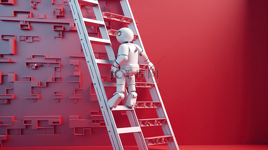 创新拟人3D机器人爬上红色梯子获得灯泡