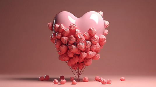 令人惊叹的 3D 渲染中的心形气球和粉红玫瑰