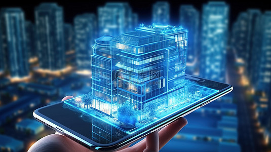 智能科技字背景图片_未来的城市景观，以发光灯照明的智能建筑为特色，3D 渲染描绘了城市和技术进步