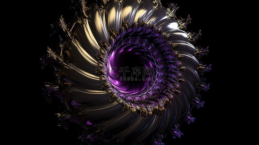 分形背景图片_带有尖刺圆形螺旋的分形入口，在孤立的深色背景上呈现醒目的紫色金属 3d
