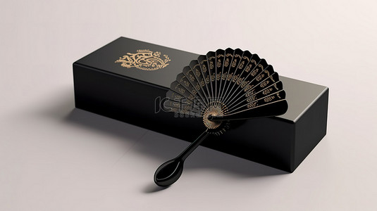 日本黑色扇子背景图片_白色背景的 3D 渲染，带有黑色木手扇和盒子