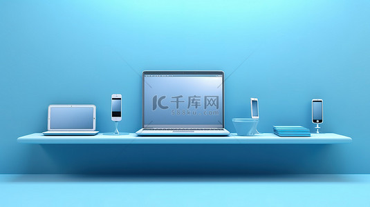 蓝色和平背景图片_蓝色架子笔记本电脑手机和平板电脑上的数字设备 3D 插图横幅背景