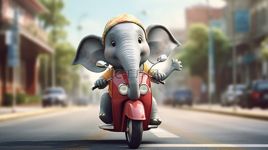 卡通骑背景图片_异想天开的 3D 大象骑着摩托车，举着牌子
