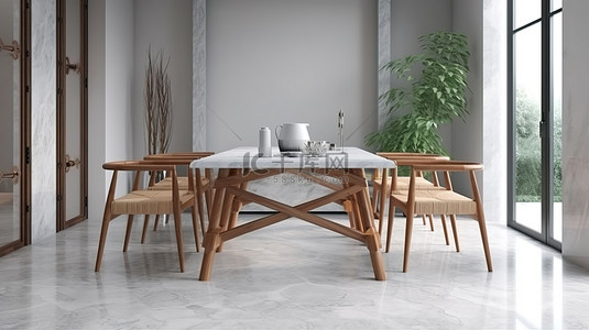 用餐空间大理石地板木腿竹椅和手工编织装饰的 3D 插图