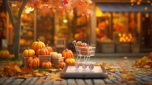 秋季灵感电子商务商店在线移动应用程序 3D 渲染概念