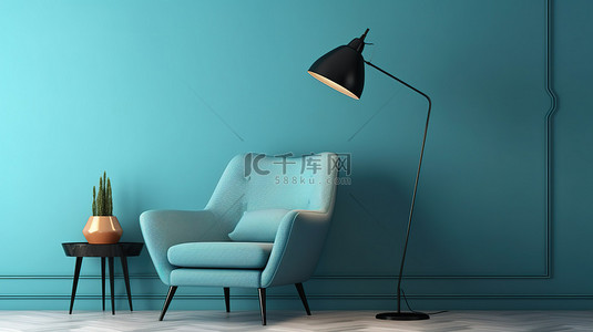 豪华 3D 渲染房间，配有蓝色扶手椅和优雅的吊灯