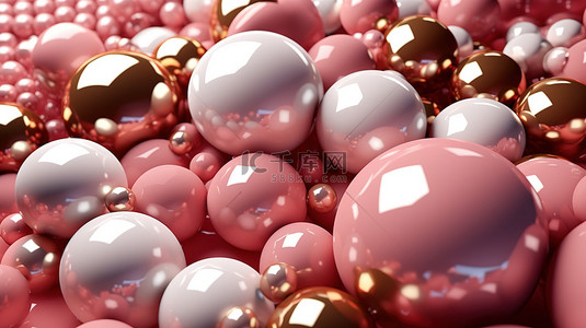 粉色圈背景图片_粉色和金色光泽球体中白色球的抽象 3D 渲染