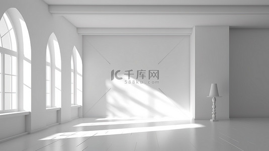 墙上有窗户阴影的简约白色房间的 3D 插图