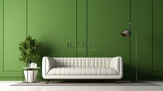 优雅的客厅设计，配有白色沙发和简约的绿色墙壁 3D 渲染