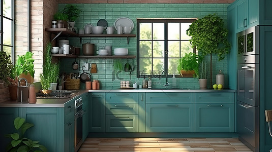 现代厨房家具采用大胆的深绿松石色普罗旺斯内饰，配有别致的设计 3D 渲染