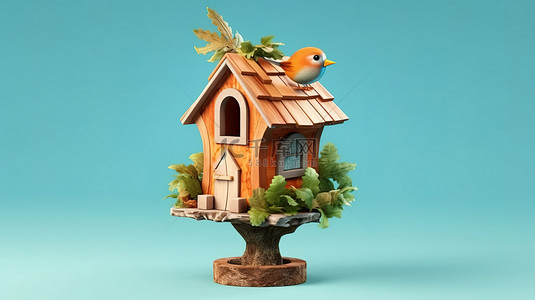 带屋顶和栖息处的鸟舍的可爱 3D 插图
