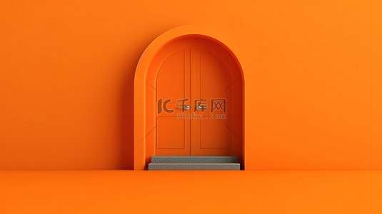 门地板背景图片_橙色墙壁上光滑的 3D 渲染拱形门