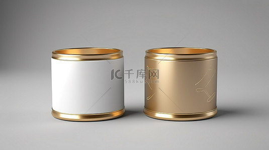 具有白色和金色塑料金属或纸管设计的打开样机锡罐的 3D 渲染