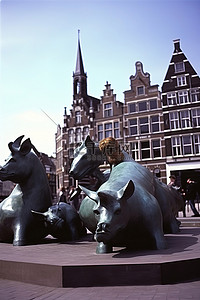 一群人背景图片_城市广场上的一群猪的雕像