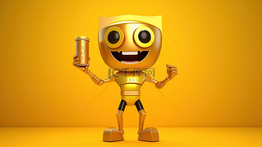 人物吉祥物的 3D 渲染，带有金奖奖杯和黄色背景上的抽象充电电池