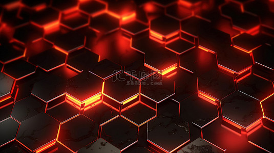 红光感背景图片_抽象暗金属六边形上发光红光的 3D 渲染