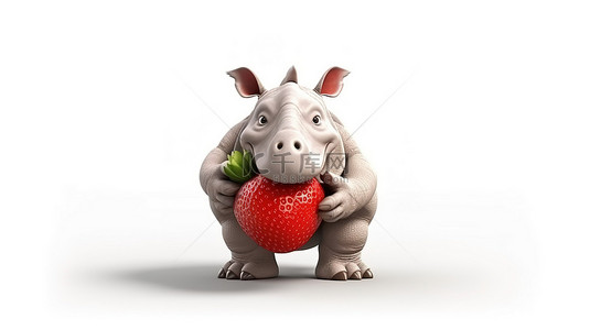 愚蠢的 3d 犀牛拿着多汁的草莓