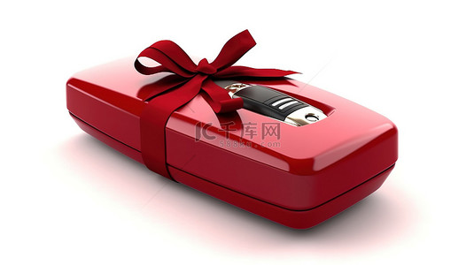 包含汽车警报遥控器的红色礼品盒的 3D 渲染放置在白色背景上