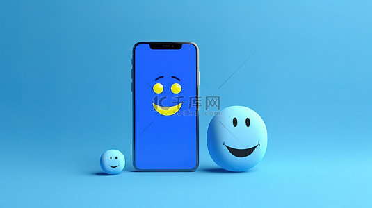 孤立的 3d 智能手机和蓝色背景表情符号图像