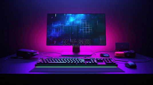 电脑和键盘背景图片_带 RGB 灯和 3D 渲染暗室桌面模型的游戏设置，配有 PC 电脑和键盘