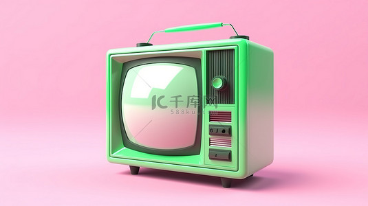 复古绿色电视与卡通风格美学粉红色背景 3D 技术渲染