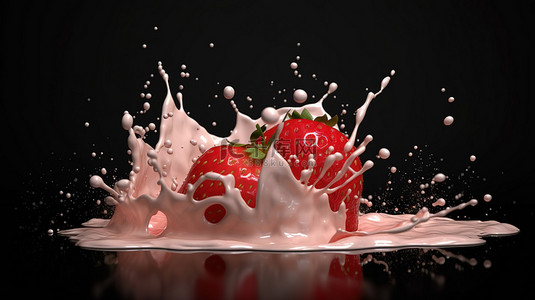 牛奶溅在 3d 的甜美草莓床上