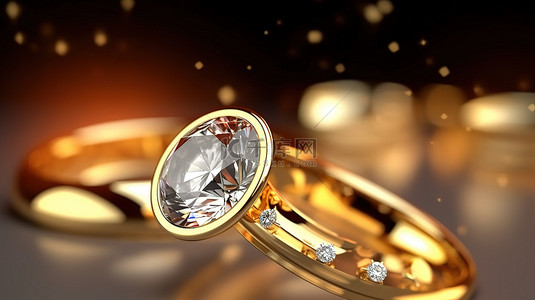 光滑背景上金戒指和钻石戒指的宏观 3D 渲染