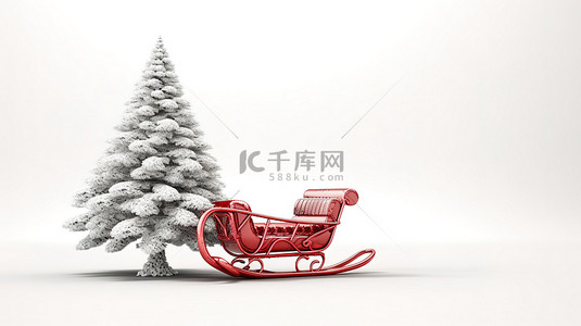 白色圣诞雪橇和带有红色口音的树的独立 3D 插图