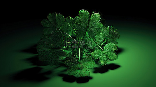 圣帕特里克节 3D 渲染中绿色三叶草的轮廓