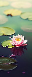 一朵粉红色的花和绿色的睡莲叶一起坐在水中