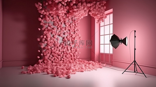 粉色淡背景图片_迷人的 3D 摄影工作室拥有令人惊叹的花卉讲台照明设备和粉红色的内饰