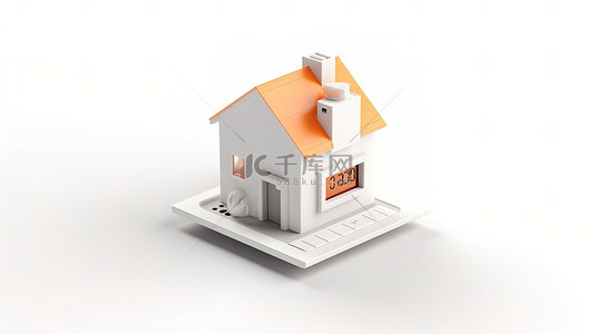 白色背景下独立房屋和恒温器的 3d 插图